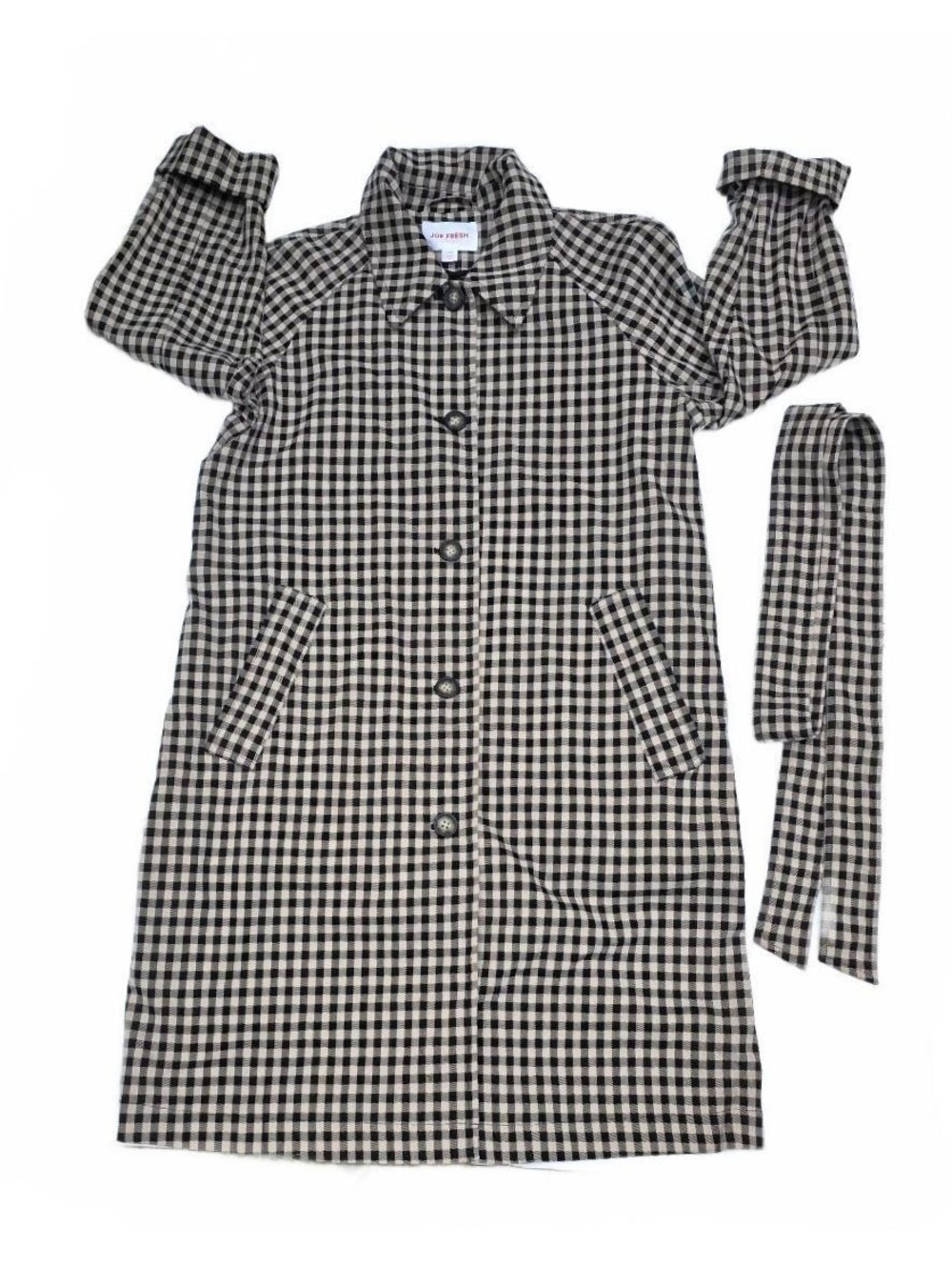Joe Fresh Gingham Plaid Belted Trench Coat Jacket Size Lg  Black & White - Picture 8 of 12